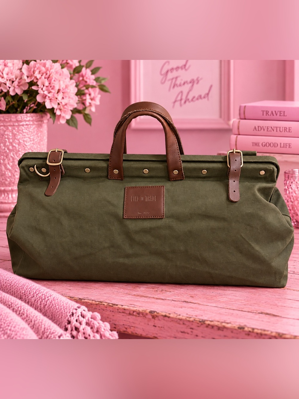 Line of Trade Olive Canvas Duffel Bag with Brown Leather Trim NWOT